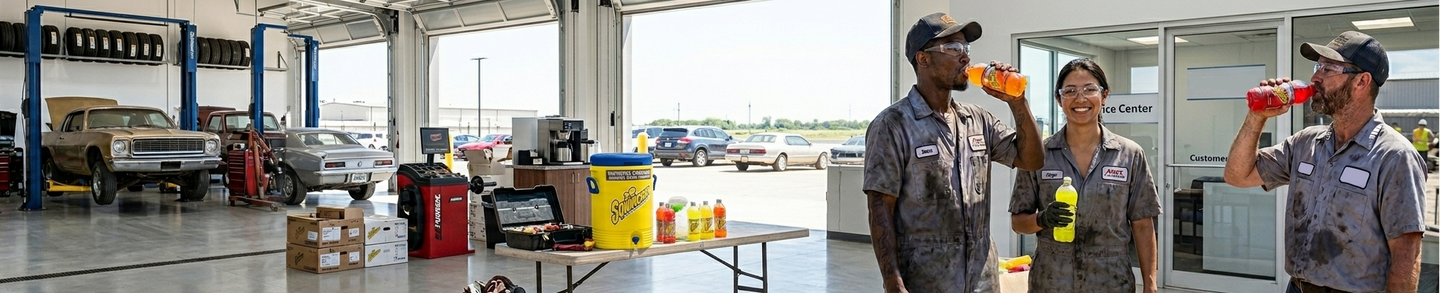 Three images showing a garage setting with vehicles, a workshop area, and two people holding drinks.